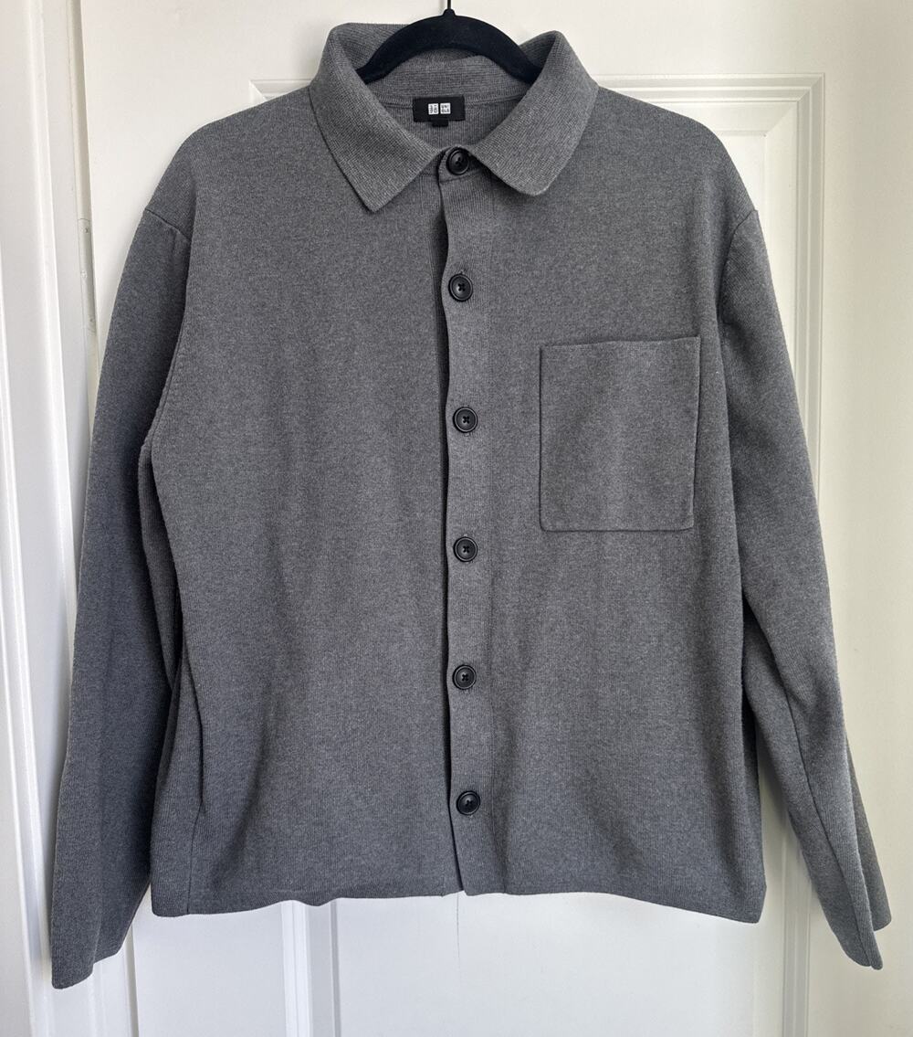 Uniqlo Milano Ribbed Shirt Collar Cardigan Men's Size Small in Gray *Read